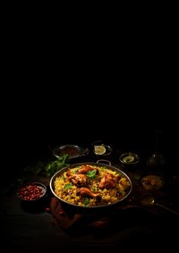 Chicken briyani paella food meal. 