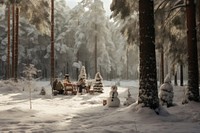 Family picnicking forest snow outdoors. 