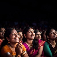 Photography of Unusual looking 36yo south Indian women speacking watching concert.  