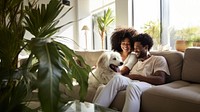 Happy black family furniture plant togetherness. 