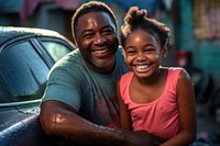 Washing car laughing father child. 