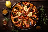 Spanish Cuisine seafood paella pizza. 