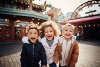 Theme park scene laughing portrait child. 