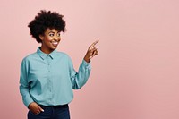 Black woman gesturing pointing smile adult. 