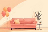 Cozy living room with a pink sofa, balloons, and a plant. The pink sofa adds charm. Balloons and a plant create a lively atmosphere. Pink sofa, balloons, plant.