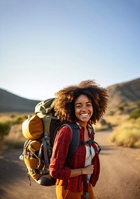 A Africa woman adventure backpack outdoors. 