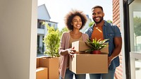 LGBTQ couple carrying a big cardboard box plant togetherness architecture. AI generated Image by rawpixel.