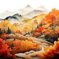 watercolor illustration of hills in autumn. 