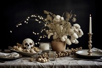 Halloween table decoration candle flower plant. 