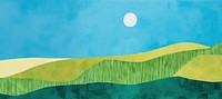 An acrylic painting on paper cut into make a collage of a lush green hillside blue sky clean. 