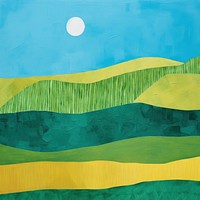 An acrylic painting on paper cut into make a collage of a lush green hillside blue sky clean. AI generated Image by rawpixel.