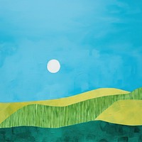 An acrylic painting on paper cut into make a collage of a lush green hillside blue sky clean. 