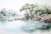 River painting landscape outdoors. 