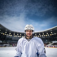 White hockey helmet portrait stadium. 