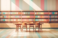 Library with table publication furniture bookshelf.