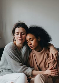 2 women hugging adult affectionate togetherness. 