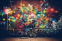 Vibrant colors spray chaos brick wall architecture. 