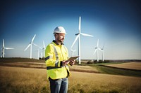 photo of Wind turbine worker useing tablet. 