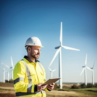 photo of Wind turbine worker useing tablet. 