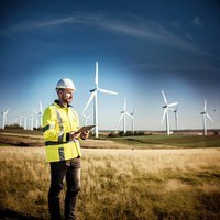 photo of Wind turbine worker useing tablet. 