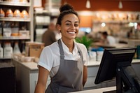 Customer checkout smiling working. 