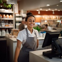 Supermarket customer checkout smiling