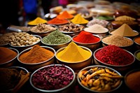 Colorful spices market food arrangement. 