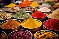 Colorful spices market food arrangement. 