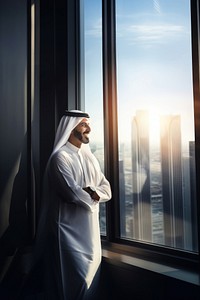 Photo of an Arabic businessman looking out of a window. 