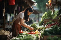 Woman buying organic food market outdoors adult. 