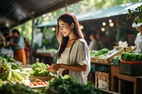 Woman buying organic food market outdoors entrepreneur. 