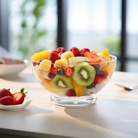 Fresh fruit salad bowl strawberry table. 