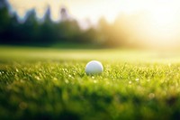 Photo of golf ball in the green grass close to the hole, natural light. 