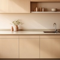 photo of Japandi kitchen room interior with a cozy beige kitchen counter. 