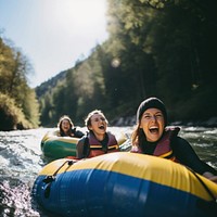 Outdoors laughing vehicle tubing. 