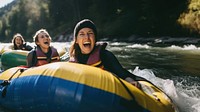Lifejacket laughing vehicle tubing. AI generated Image by rawpixel.