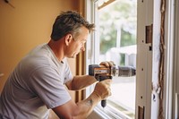 Man fixing door house tool craftsperson. 