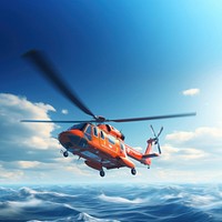 3d render of a rescue chopper flying over the sea, cartoon animation style. 