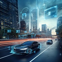 3D render of an autonomous vehicle navigating a cityscape. AI generated Image by rawpixel.