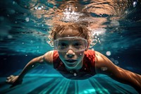 Young swimmer underwater swimming recreation. 