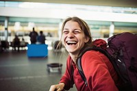 Woman backpacker laughing airport adult. 