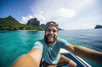 Traveler man selfie land sunglasses. 