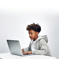 Black child student study online computer laptop portrait. 