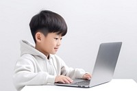 Little asian boy student study online computer laptop child. 