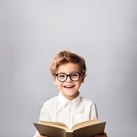 Kid boy wear glasses reading a book portrait publication photo. AI generated Image by rawpixel.