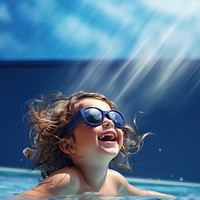 Sunglasses swimming laughing portrait. 