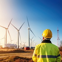 photo of wind turbine worker checking installation. 