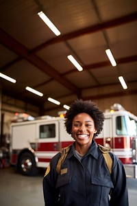 Firefighter standing vehicle smiling. AI generated Image by rawpixel. 