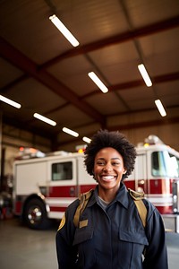 Firefighter standing vehicle smiling.  