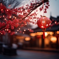 photo of chinese new year lantern, blurred new year's firework in background. 